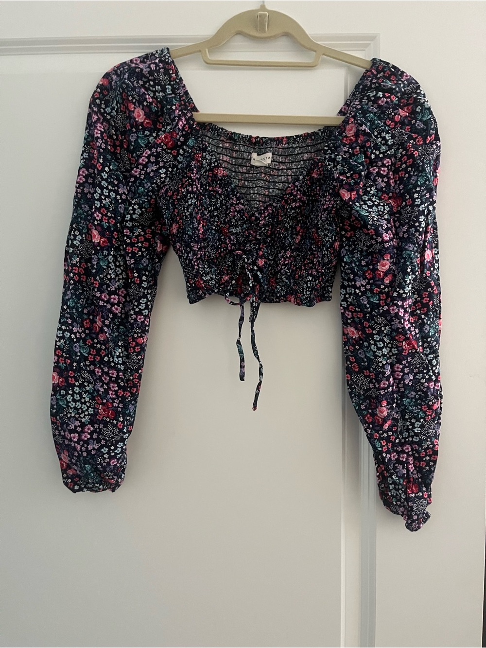 Aeropostale Black Floral Smocked Crop Top with Pink & Teal Accents